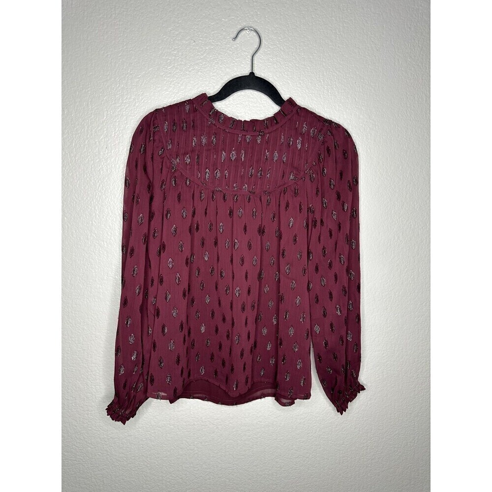 LOFT Blouse Womens XS Metallic Dot Ruffle Mock Neck Long Sleeve Top Shirt